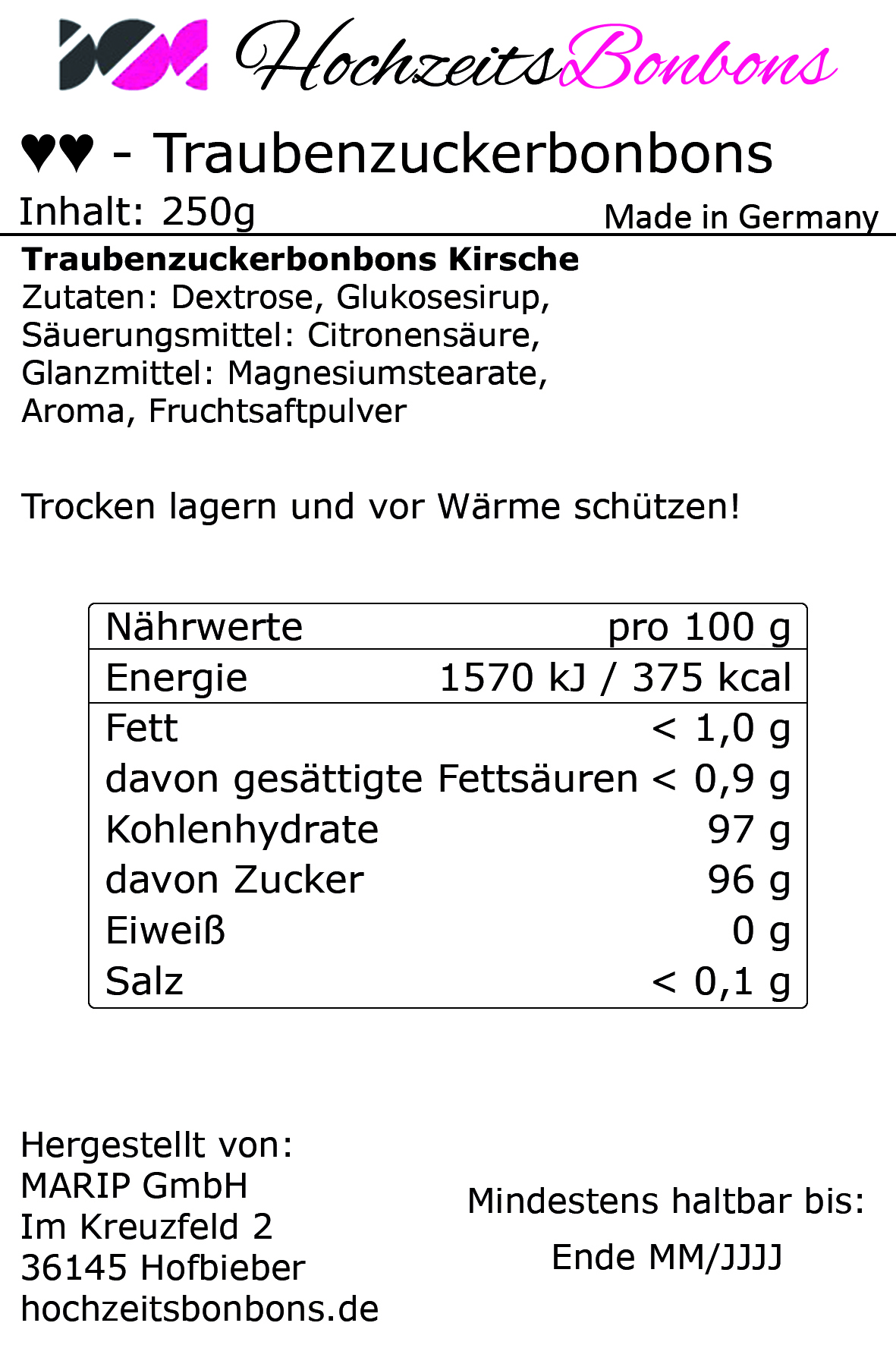 Traubenzuckerbonbons im Herzchen Wickler - Kirsch - 250g